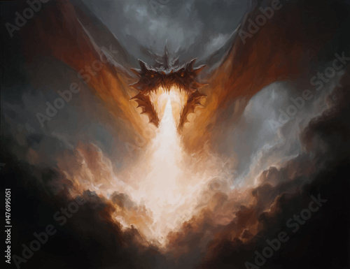 A fearsome dragon releases a torrent of fire from its mouth, filling the dark, turbulent sky with vibrant flames and swirling smoke. The dramatic scene evokes a sense of power and danger.
