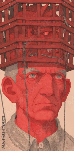 A man displays a serious expression while a red demon is contained within a wooden cage placed on his head. The setting suggests a surreal or fantastical environment emphasizing conflict.