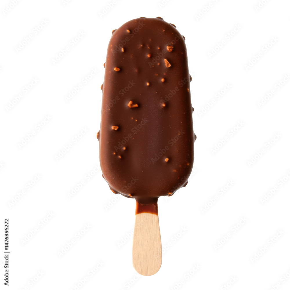 Chocolate-covered ice cream bar on a stick with a smooth surface and crunchy bits Chocolate-covered ice cream bar on a stick with a smooth surface and crunchy bits