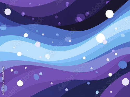Elegant vector illustration features flowing waves in various shades of blue and purple, complemented by scattered circles that add depth and motion, perfect for design projects.