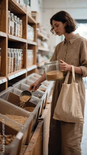 Woman Buying Grains at a Zero-Waste Store