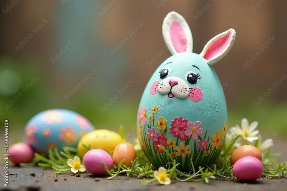 Obraz premium A colorful Easter egg decorated as an Easter bunny Happy Easter!, decorated egg, craft, holiday