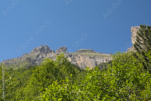  Mountains with forest and granite tops in Vanoise national park, France 
