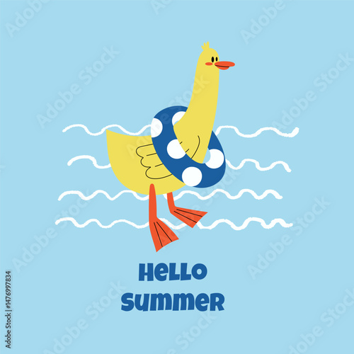 Cute Duck with Polka Dot Swim Ring. Yellow duck  character wearing a blue polka dot swim ring, perfect for summer, beach, or kids illustrations.