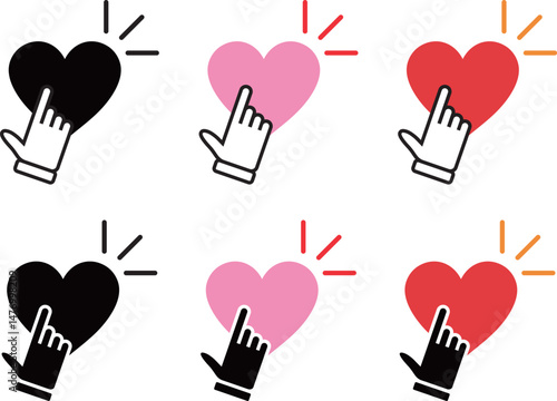 ハートをクリックする指のアイコン	セット