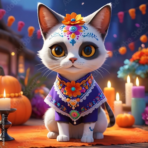 Calico Cat Dressed for Day of the Dead Celebration with Sugar Skull Face Paint