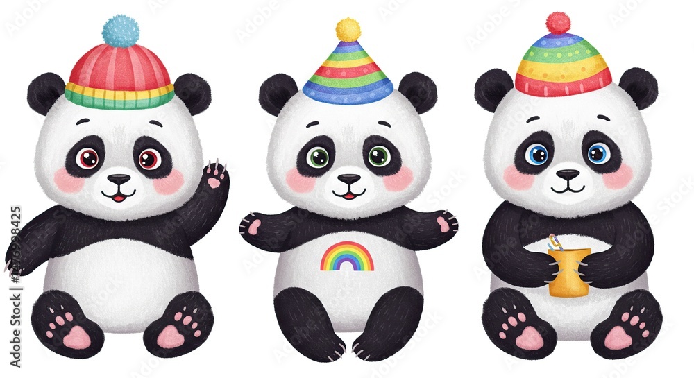 Cute Panda Bears in Party Hats and Winter Hat Illustration Cute Panda Bears in Party Hats and Winter Hat Illustration