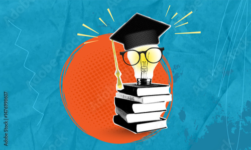 Trendy halftone art collage. A head with a stack of books and a light bulb as a metaphor for a new idea.