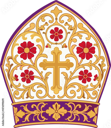 Elegant Papal Mitre Vector with Golden Cross, Red Floral Ornaments, and Purple Trim – Baroque Catholic Hat Illustration
