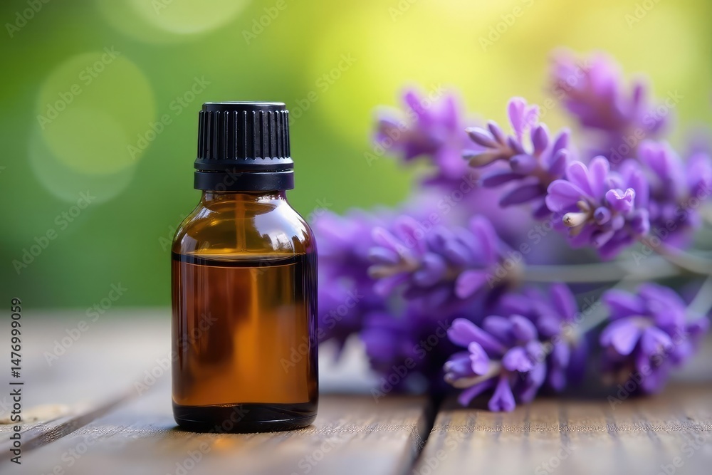 Close-up of a bottle of pure lavender essential oil, with fresh lavender flowers in the background , therapy, sleep, purple Close-up of a bottle of pure lavender essential oil, with fresh lavender flowers in the background , therapy, sleep, purple