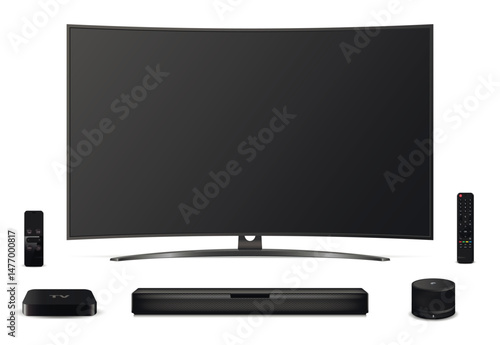 Curved television screen, remote control, soundbar, tv set-top box and smart speaker.
