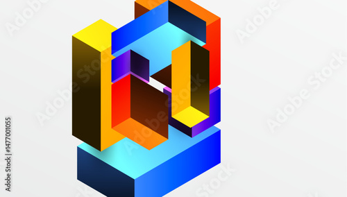 Abstract geometric design. Colorful cubes interlock, creating illusion of depth. Bright hues dominate composition. Modern, vibrant.