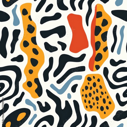 seamless pattern of abstract animal shapes, giraffe spots, zebra stripes, and leopard print, modern pattern style