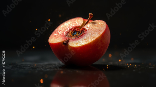 Generative AI Halved Red Apple on Dark Background Red apple Fruit Cut Fresh Food Still life Macro Close-up Reflection Dark background Bokeh Water droplets Seeds - Modern Look