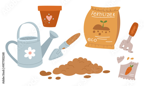 set of items for planting plants. Watering can, seeds, pot, hoe, shovel, soil, fertilizer. Flat color illustration. Suitable for postcards, prints, blog design, children's books, packaging design.