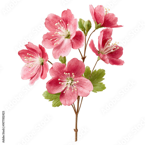 Beautiful branch of pink hawthorn flowers blooming on a white background.