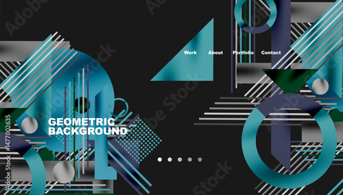 Abstract geometric design. Blue, teal, white shapes overlap. Text reads Geometric Background, plus navigation options. Modern aesthetic.