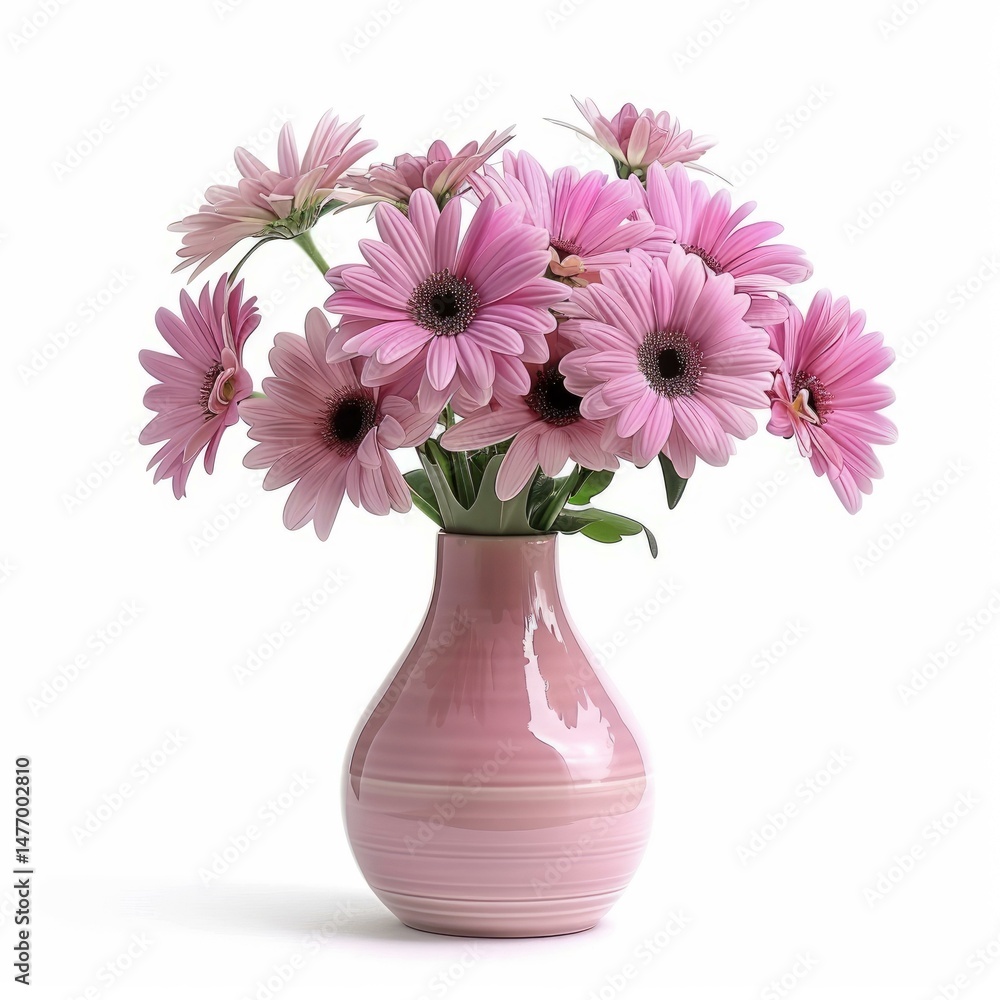 Fototapeta premium Pink gerbera flowers standing in a pink vase, isolated on a white background, creating a delicate and romantic atmosphere