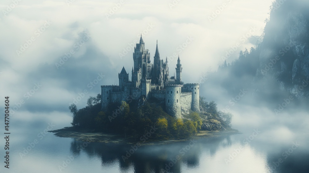 Fototapeta premium Misty castle on an island