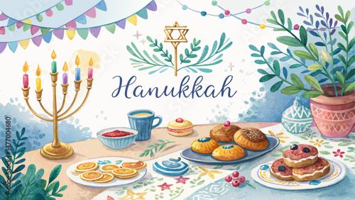 *Festive Hanukkah table setting with traditional treats in vibrant hues, warm and celebratory, with copy space