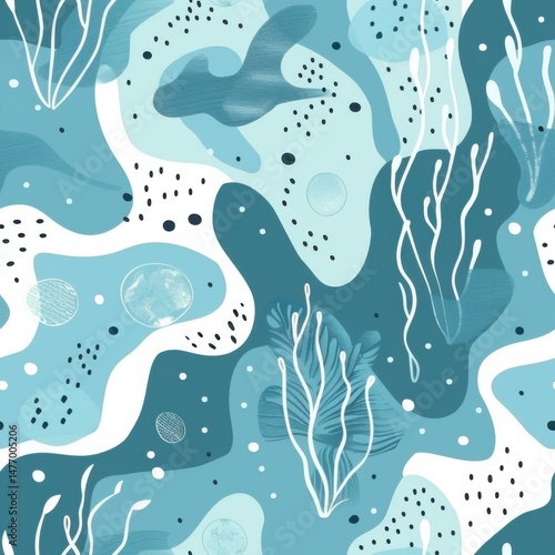 seamless pattern of abstract minimal sea plant shapes and bubbles in soft blue and aqua tones, simple vector style