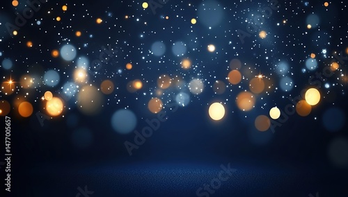 Dark-blue background with glowing orange and blue circular bokeh lights and sparkling dots.