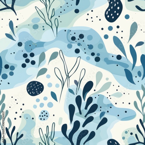 seamless pattern of abstract minimal sea plant shapes and bubbles in soft blue and aqua tones, simple vector style