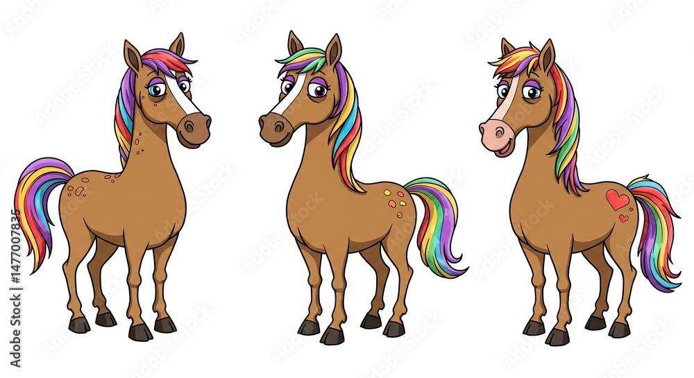 Three Brown Horses with Rainbow Manes and Tails Cartoon Illustration Three Brown Horses with Rainbow Manes and Tails Cartoon Illustration
