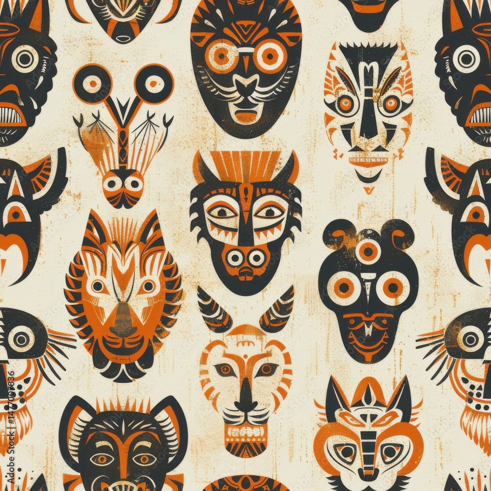 seamless pattern of abstract tribal animal totems, line art style, ochre, brown, and beige palette seamless pattern of abstract tribal animal totems, line art style, ochre, brown, and beige palette