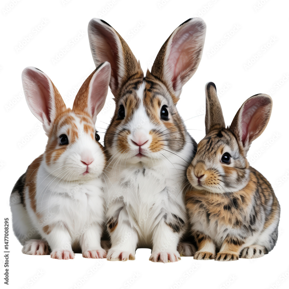 Fototapeta premium Three rabbits sitting together, white, brown, orange, grey, black fur isolated on transparent background