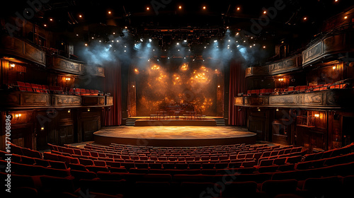 An opulent theatre, showcasing a grand stage bathed in warm lighting, ready for a performance.  The tiered seating offers an intimate yet expansive view