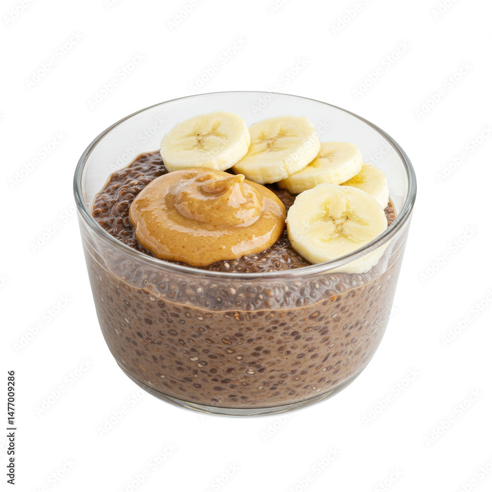 Healthy chia seed pudding topped with banana slices and nut butter in a glass bowl Healthy chia seed pudding topped with banana slices and nut butter in a glass bowl