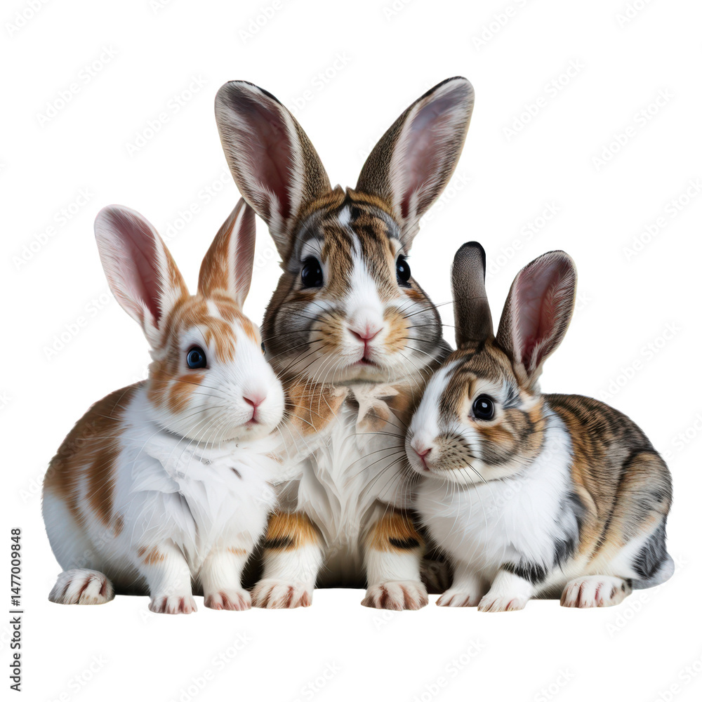 Fototapeta premium Three cute rabbits sitting together, white, brown, orange, black colors, isolated on transparent background