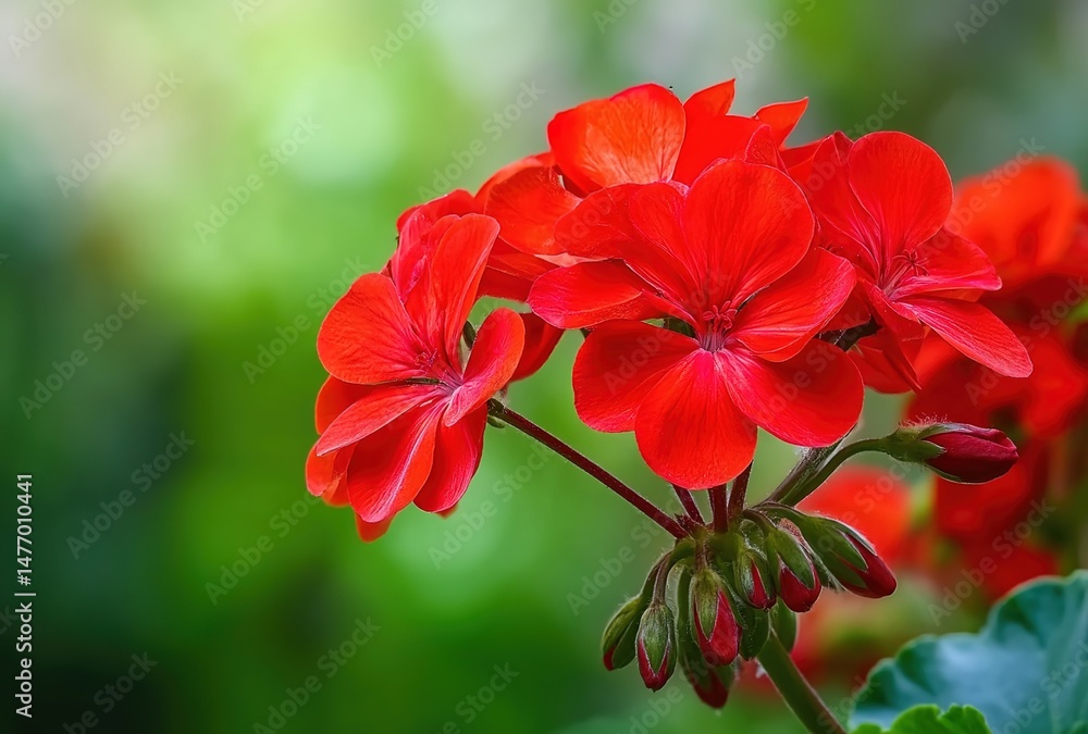 Fototapeta premium Cluster of bright red geranium flowers with green leaves against blurred background.