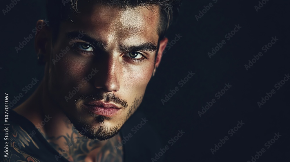 Obraz premium A young man with intricate tattoos stares intensely at the camera, his expression conveying a thoughtful and slightly brooding demeanor.