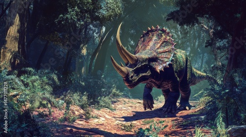 Fototapeta Naklejka Na Ścianę i Meble -  Triceratops dinosaur walking through a lush prehistoric forest.