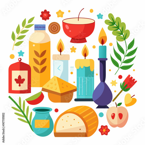 Shavuot Day Vector Set – Jewish Holiday Symbols, Torah, Wheat, Dairy Foods, Cheesecake, Flowers, and Religious Icons on White Background