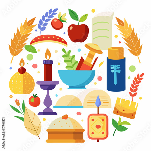 Shavuot Day Vector Set – Jewish Holiday Symbols, Torah, Wheat, Dairy Foods, Cheesecake, Flowers, and Religious Icons on White Background