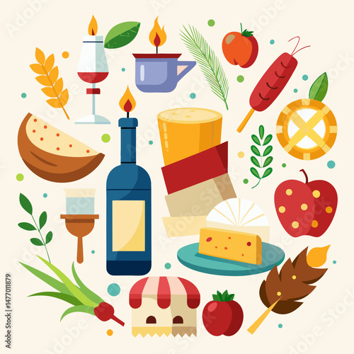 Shavuot Day Vector Set – Jewish Holiday Symbols, Torah, Wheat, Dairy Foods, Cheesecake, Flowers, and Religious Icons on White Background