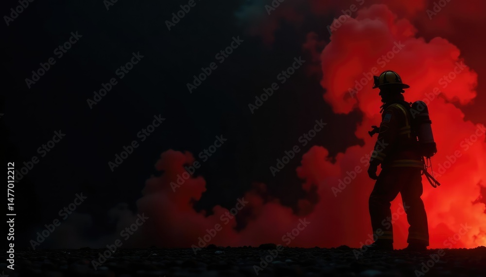Fototapeta premium Silhouette of firefighter against a dramatic black background , element, dramatic, community
