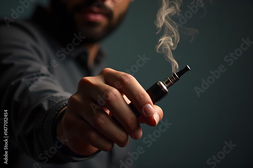 steam room vape in men in hands Electronic cigarette vape on a dark background with steam Closeup Hand Holding Vape Pen Emitting Smoke Dark Background