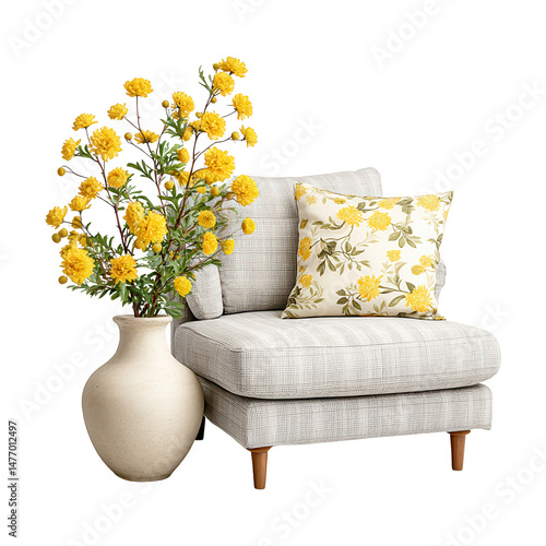 An armchair with floral cushion and a vase of yellow flowers on display.