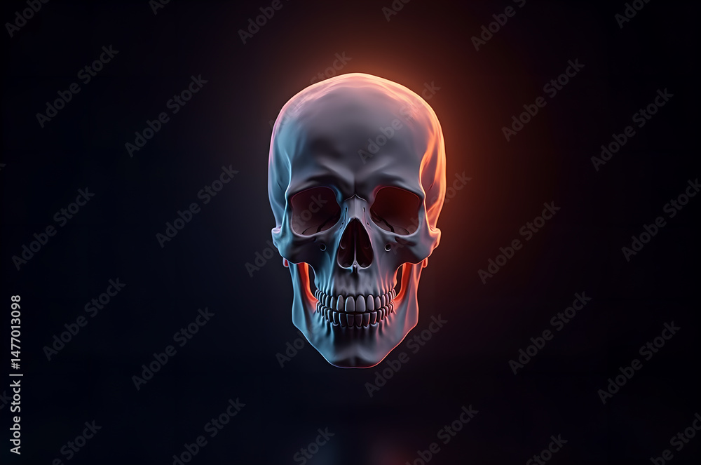 Glowing skull details and elements embodying advanced technologies and the fusion of man and machine, neon light on a dark background.generative ai Glowing skull details and elements embodying advanced technologies and the fusion of man and machine, neon light on a dark background.generative ai