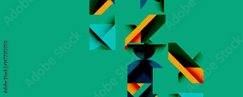 Abstract geometric shapes dominate image. Teal background contrasts with vibrant orange, blue, dark hues. Modern design elements present.