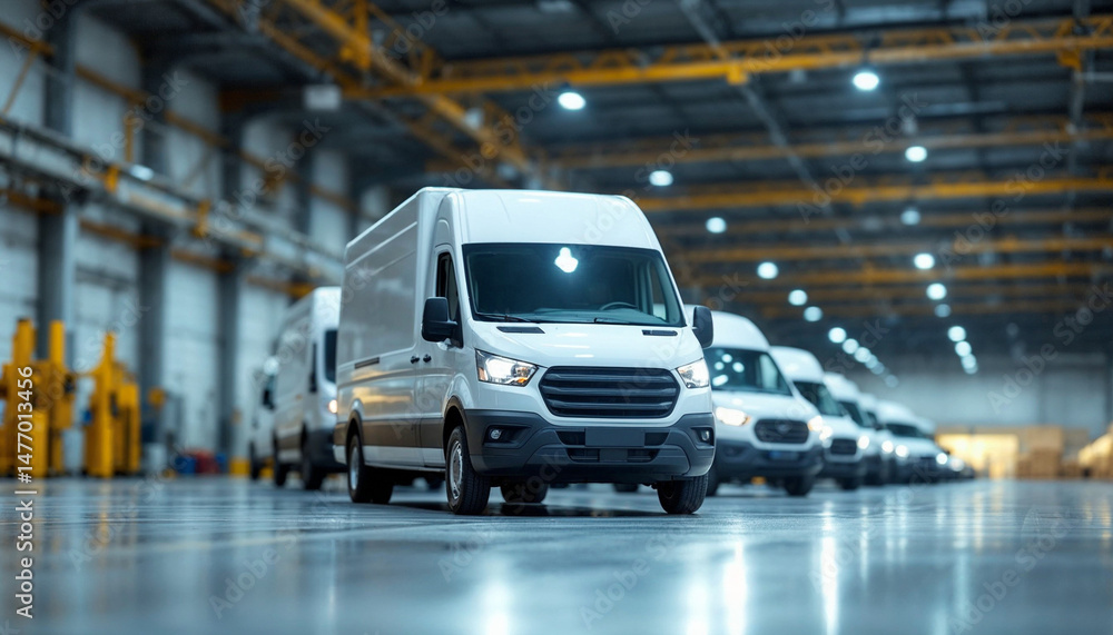 warehouse scene with white delivery vans, clean lines, diffused lighting, and efficiency. warehouse scene with white delivery vans, clean lines, diffused lighting, and efficiency.