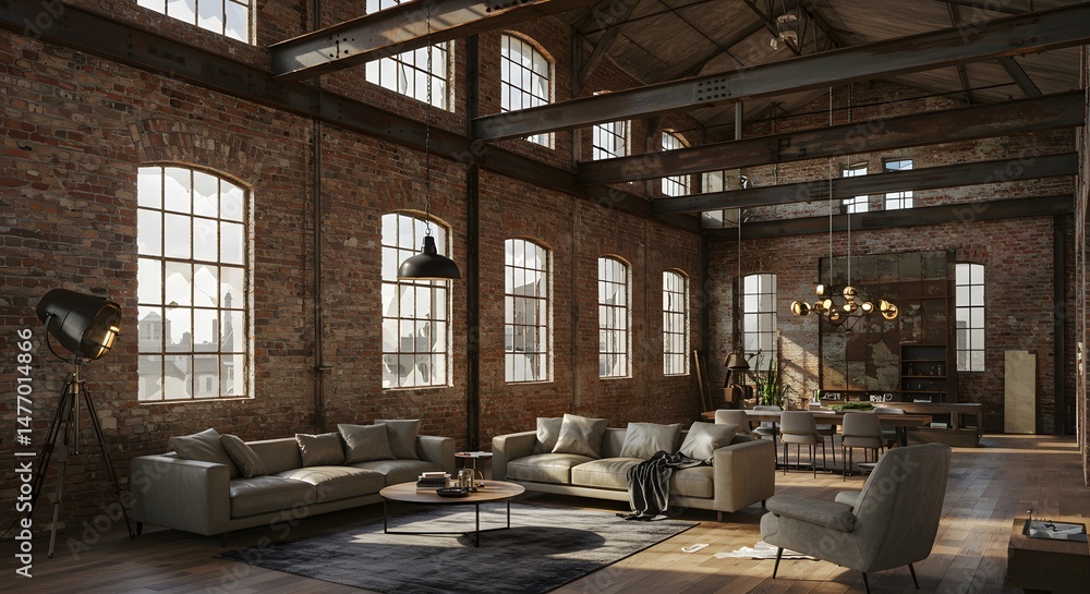 Spacious Loft Apartment Interior: Brick Walls, Large Windows, Modern Furniture, and Abundant Natural Light Creating a Comfortable and Stylish Urban Living Space Spacious Loft Apartment Interior: Brick Walls, Large Windows, Modern Furniture, and Abundant Natural Light Creating a Comfortable and Stylish Urban Living Space