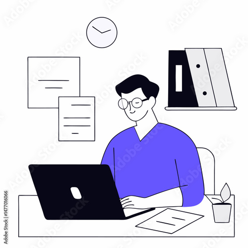 A businessman cartoon works on his laptop at an office desk, a vector illustration of modern work technology
