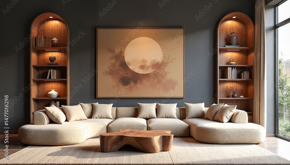 Obraz premium High-end modern living room featuring a sculptural beige sectional sofa and a striking abstract painting, artistic elegance.