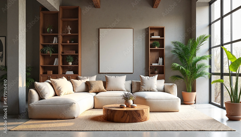 Obraz premium Modern eco-loft living room with spacious layout and natural light, showcasing grounded and stylish design.