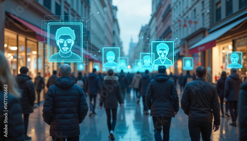 Wallpaper Mural Crowded shopping district at dusk with glowing biometric facial recognition interfaces, illustrating a dystopian surveillance concept. Torontodigital.ca